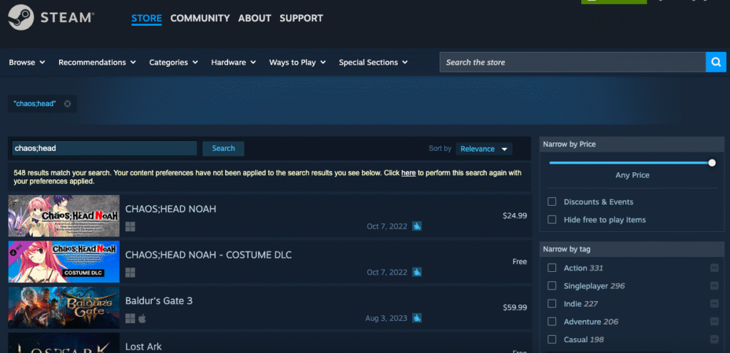 Screenshot of Chaos;Head search results on Steam used in a Chaos;Head review.
