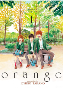 Photo of cover of volume 1 of Orange by Ichigo Takano. Photo from Amazon.com used under fair use for review/commentary. All rights belong to their respective owners.