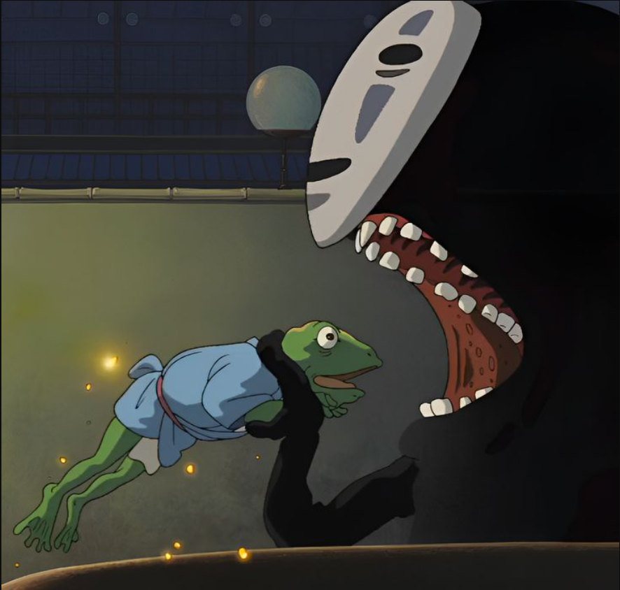 Screenshot of the monster No Face from the movie "Spirited Away" eating a frog character from teh bath house.
