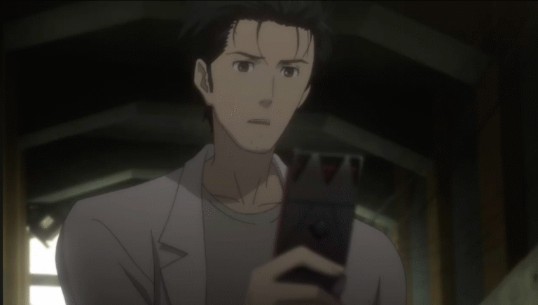 Steins;Gate screenshot from https://youtu.be/4EtT1VdgGTw?si=o-NMjPGYTtBX62f9 used in a Steins;Gate parents guide