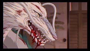 Haku in his other form (a white Chinese dragon) is bleeding from the mouth and has blood on his fur.