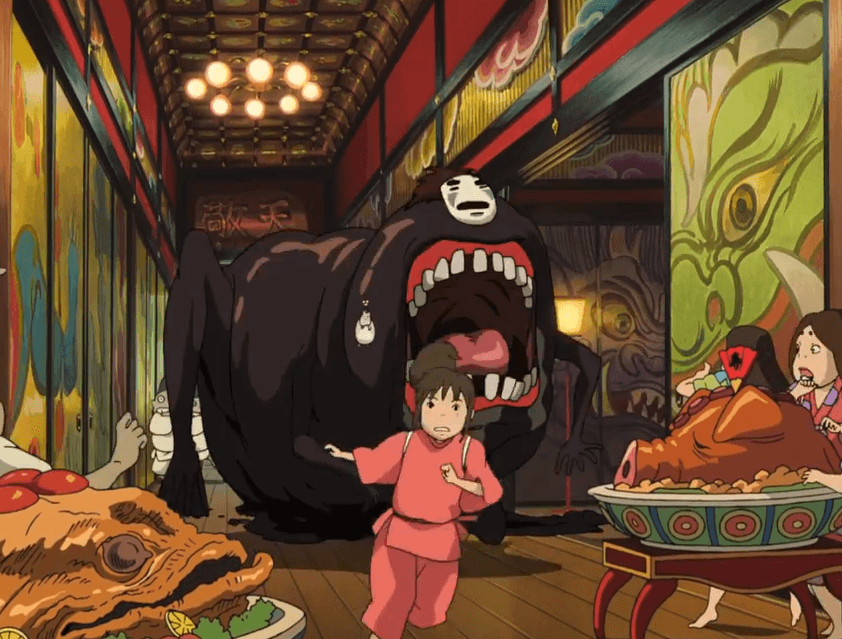 No Face's alternate form (black, toad-like, with a giant maw of human teeth) chases Chihiro down the halls of the bath house. Image from Spirited Away.