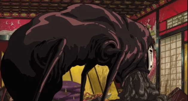 Screenshot of No Face throwing up sludge. Image from Spirited Away film.