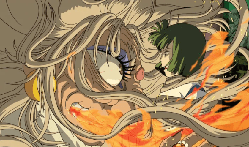 Yubaba, the oversized witch and owner of the bathouse in Spirited Away, breathing fire and has her hair floating around her face as she threatens Haku, a boy with short green hair.