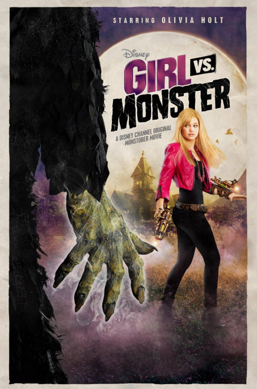 The movie poster for Girl vs. Monster with a monster's green, clawed hand on the left side of the poster, facing a blonde girl with black clothes, a pink jacket, and steampunk weapons in front of a mansion and a full moon with the movie title.