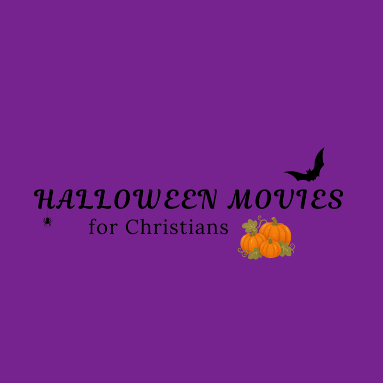 Purple background with pumpkins, a spiderweb, and bats and text "Halloween Movies for Christians".