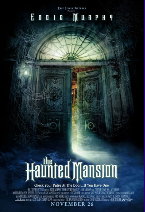 Movie poster for The Haunted Mansion showing a creepy ornate door and a glowing cobweb patterned window covered in spiderwebs and oozing mist.