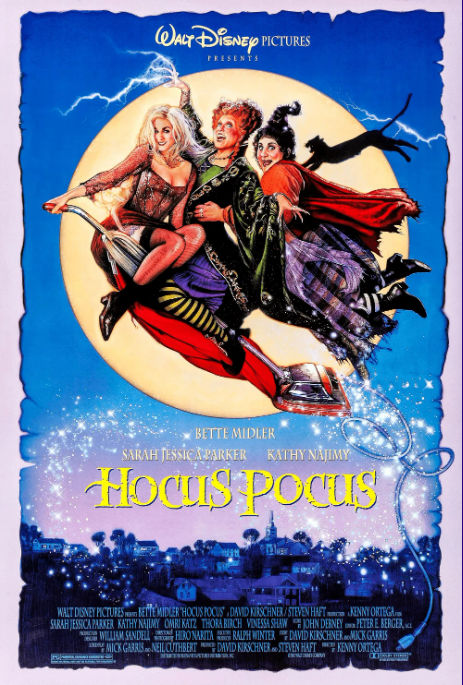 Movie poster for Hocus Pocus showing three witches, one with blonde hair and a red outfit, one with red hair and a green outfit, and one with brown hair in a curved tower wearing a red cloak and purple skirt. They are riding a vacuum cleaner across a night sky with a black cat hanging off of one's cloak as they soar above a blue cityscape with a yellow moon as the backdrop.