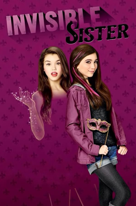 Movie poster for Invisible Sister with a purple fleur-de-lis background with two brunette girls posing. The girl on the right has a pink streak in their hair, a magenta jacket, and black shirt and tights with shorts. She holds a pink masquerade mask. The other girl looks surprised and her body is invsible, complete with a translucent arm with sparkles