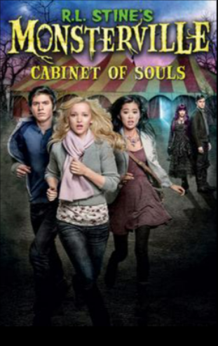 Poster for R.L. Stine's Monsterville: Cabinet of Souls with a dark-haired boy, a blonde girl, and a dark-haired girl running towards the viewer and away from a darkly dressed couple and a yellow and red circus tent.