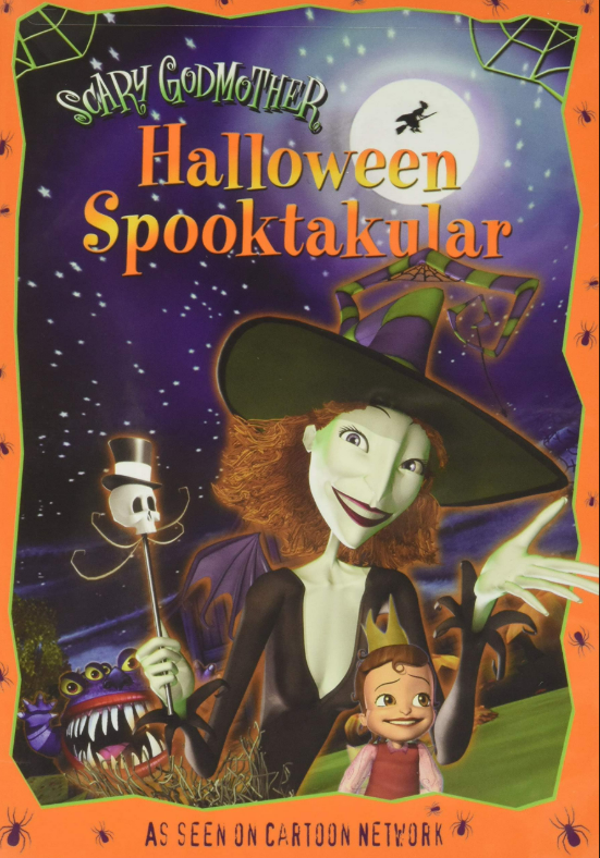 Poster of the Scary Godmother Halloween Spooktakular movie with a smiling cartoon witch with frizzy red hair, a smiling little girl dressed as a princess, and a multi-eyed giant-mouthed purple monster in the background with the background of a starry night sky.