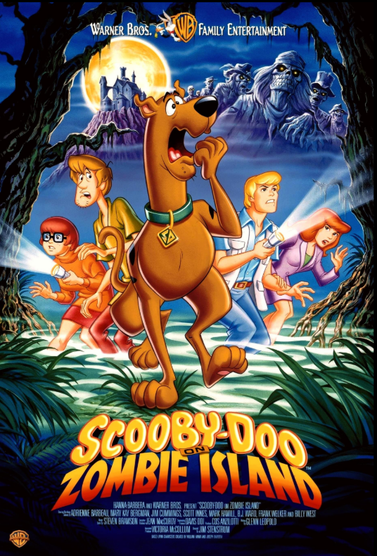 Poster for Scooby Doo on Zombie Island with Velma, Shaggy, Scooby Doo, Fred, and Daphne (left to right) entering into a creepy forest with a background of a moonlit castle with creepy zombie faces in the top right corner.