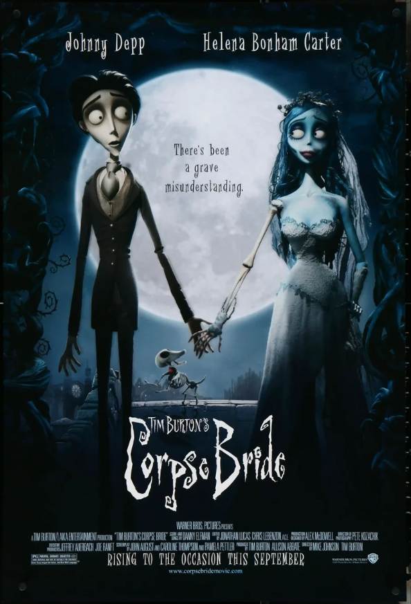 Movie poster for Corpse Bride with a big white moon as a backdrop for a beautiful blue woman, who's a corpse with her right arm nothing but bones, in a decaying dress. She is holding the hand of a pale, scared man in a suit.