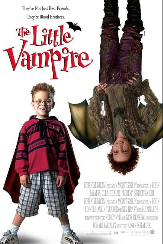 Poster for The Little Vampire with the title in the top left and phrase "They're not just best friends. They're blood brothers." A little boy in a red shirt and red cape with fake vampire teeth stands on the bottom left and a little vampire boy with bat wings and ripped dark clothing is upside down on the top right.