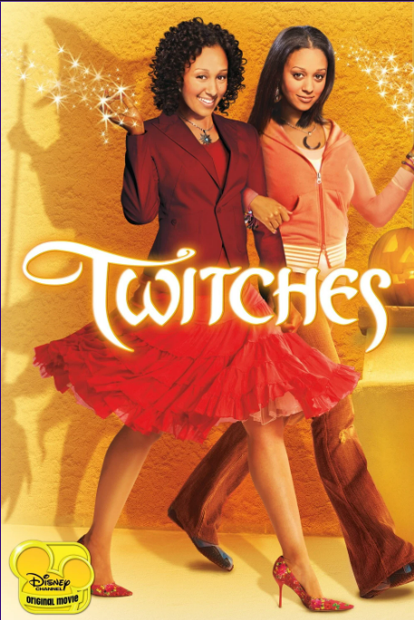 Poster for Twitches with a yellow background with a shiloutette of a witch behind two tan, dark-haired girls walking arm in arm. Both have one hand that emits sparkles. One is dressed casually and the other has a blazer and a ruffled red skirt with heels.