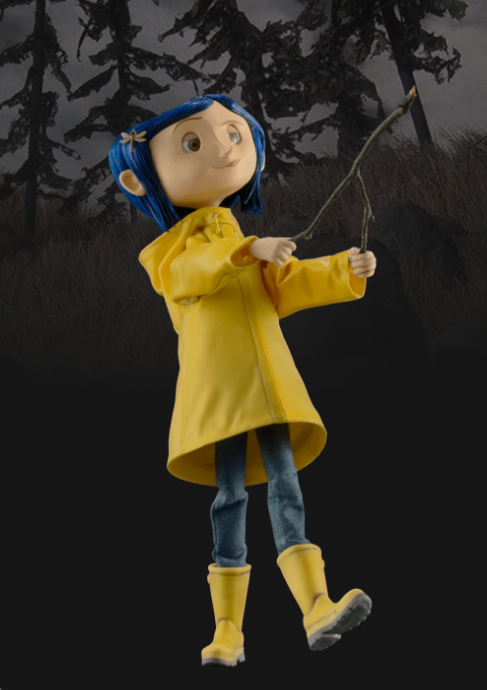 Coraline Jones from the movie Coraline—a young girl wearing jeans, yellow rain boots, and a yellow rain coat with a blue bobbed haircut and a dragonfly hairpin. She is holding a dowsing rod.