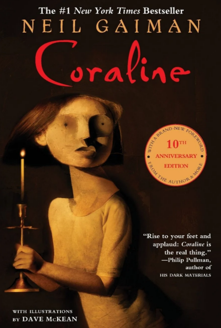 Book cover of Coraline by Neil Gaiman with a girl who looks like she's sculpted from wood holding a bronze candlestick holder with a candle that's alight.