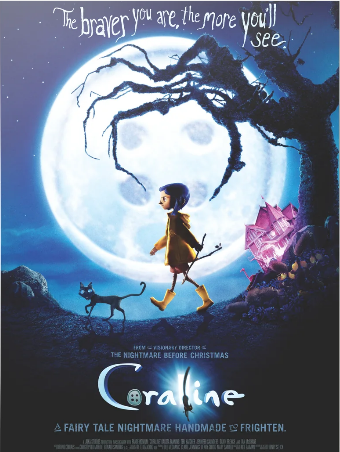Coraline movie poster with a girl in yellow rain boots and coat walked behind a black cat as a giant skeletal tree that looks like a hand crouches above her head while a giant moon illuminates the way.