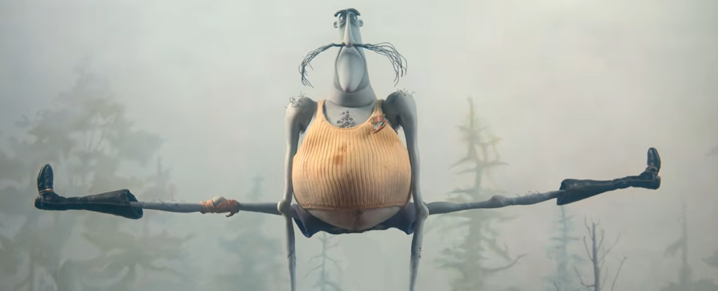 Photo of Mr. Bobinsky from the Coraline movie—a lightly grey-blue skinned thin, tall, man with a a wiry, long mustache, a round potbelly covered with a stained yellow tank top with a liquidator medal, and blue shorts with tall black boots.